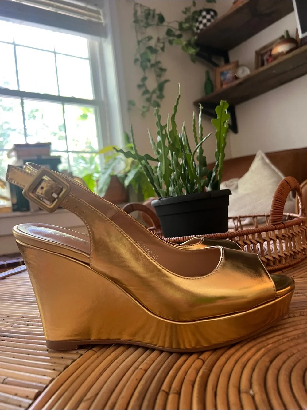 Gold Metallic Wedge Slingback Sandals - Women